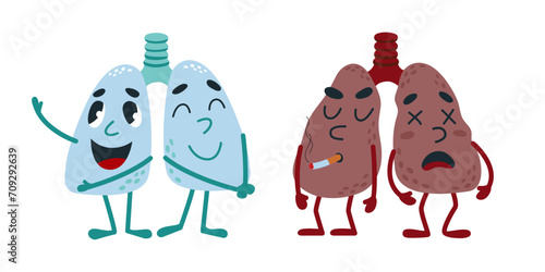Cute lungs characters. Healthy unhealthy internal organs. Funny cartoon lung happy and ill. Medical poster elements, harm of smoking classy vector concept