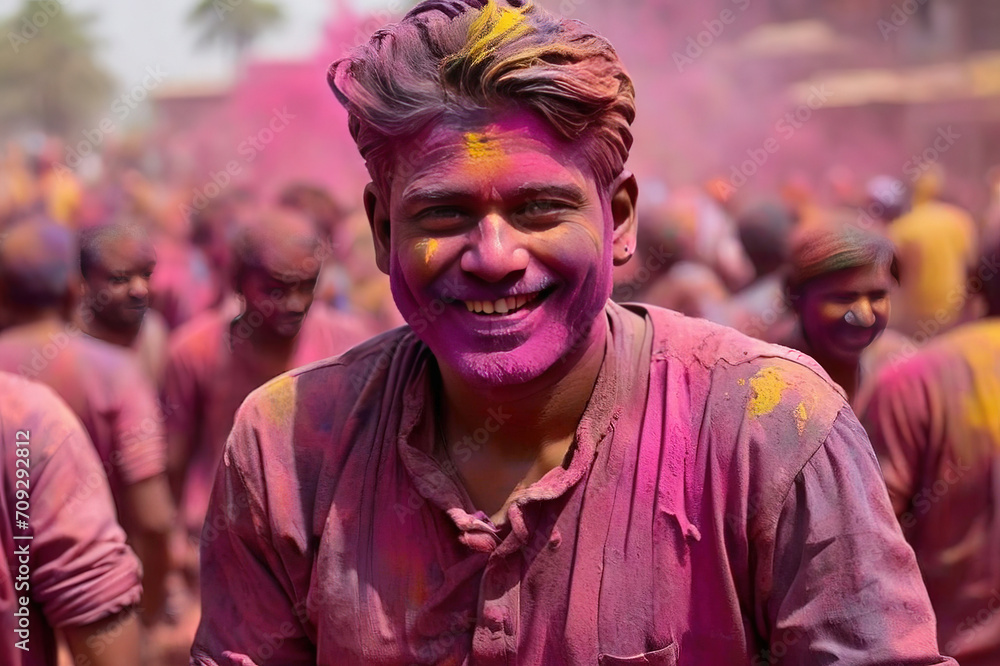A handsome smiling black-haired man with a bright face is having fun at the Holi Color Festival, a traditional Indian Holi color festival A handsome smiling black-haired man with a bright face is having fun at the Holi Color Festival, a traditional Indian Holi color festival