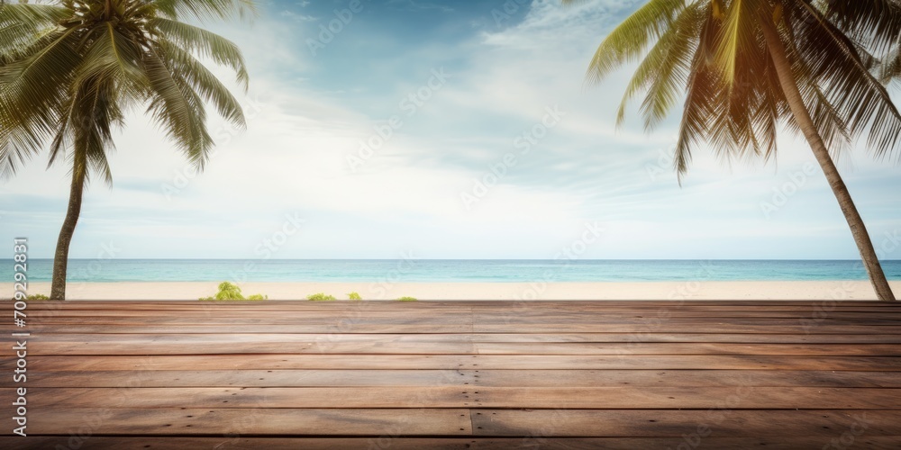 Clean outdoor wooden table top with a backdrop of a tropical beach, house, and coconut trees. Clean outdoor wooden table top with a backdrop of a tropical beach, house, and coconut trees.