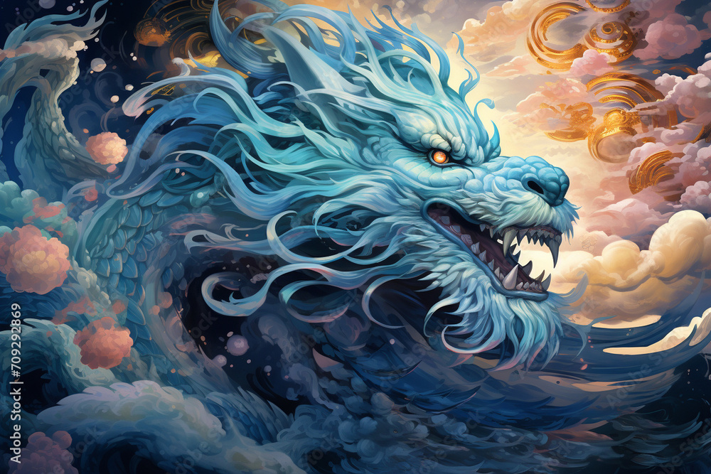 A mythical and cosmic rendering of the Chinese Azure Dragon, with celestial patterns and cosmic energies, symbolizing power and benevolence in a visually elaborate composition. A mythical and cosmic rendering of the Chinese Azure Dragon, with celestial patterns and cosmic energies, symbolizing power and benevolence in a visually elaborate composition.