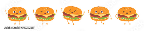 Cute burgers different poses and emotions. Isolated kawaii burger happy and sad. Fresh hamburger cartoon mascot, racy vector children clipart