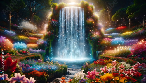 Fantasy waterfall panorama landscape with beautiful forest and flowers. Colorful waterfall in beautiful night