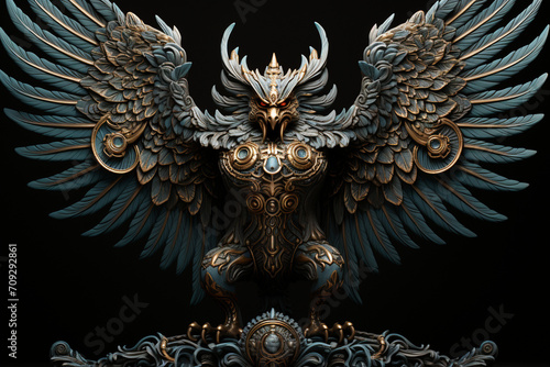 The ancient and powerful Garuda, a mythical bird-like creature from Hindu and Buddhist traditions, depicted in a regal and divine form surrounded by celestial radiance.