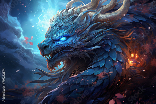 A mythical and cosmic rendering of the Chinese Azure Dragon, with celestial patterns and cosmic energies, symbolizing power and benevolence in a visually elaborate composition.