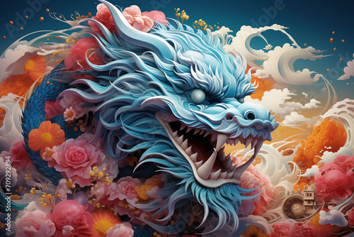 A mythical and cosmic rendering of the Chinese Azure Dragon, with celestial patterns and cosmic energies, symbolizing power and benevolence in a visually elaborate composition. © Solid