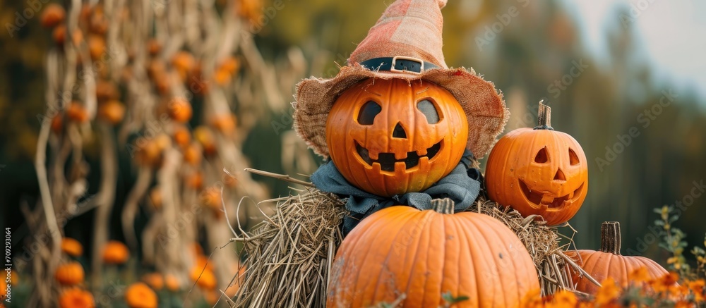 Fototapeta premium Pumpkins and a scarecrow.