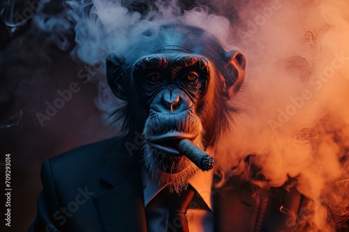 AI generated illustration of a chimpanzee dressed in formal suit confidently smoking a cigar photo