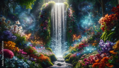 Fantasy waterfall panorama landscape with beautiful forest and flowers. Colorful waterfall in beautiful night