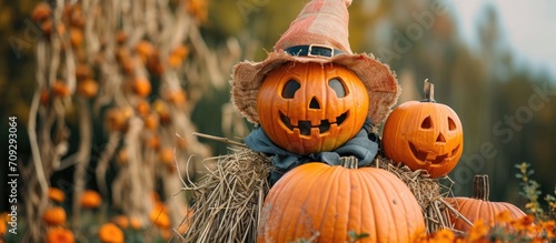 Pumpkins and a scarecrow.