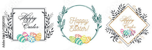 Easter frames decorated with herbs, flowers and Easter eggs. Colored Easter eggs. Vector drawing.
