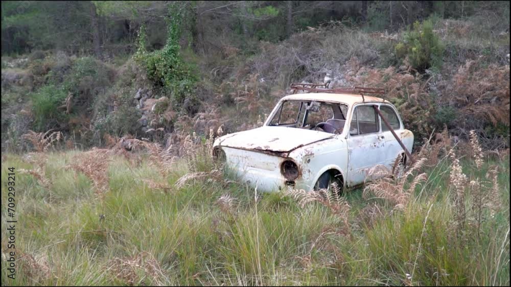 Slow motion, old and rusty car abandoned in the forest. Slow motion, old and rusty car abandoned in the forest.