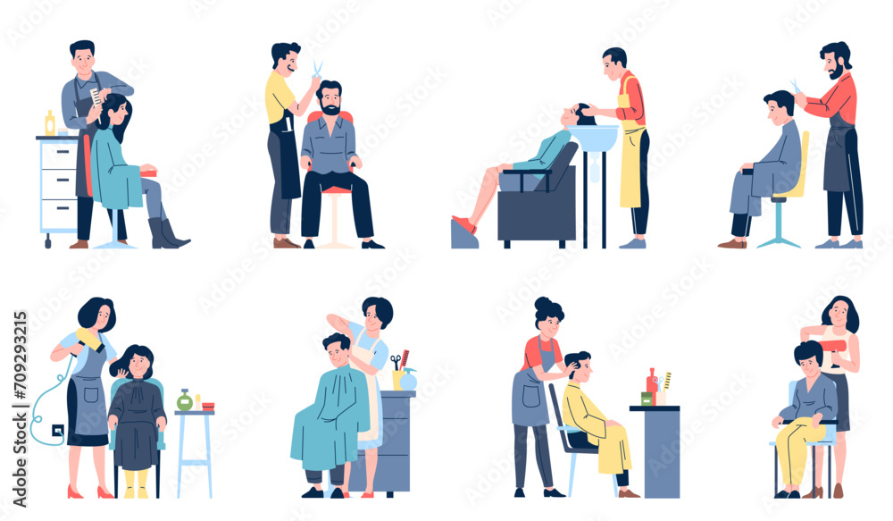 Hairdresser characters. Hairdressers working, stylist in beauty salon and clients. Barber shop worker, professional doing haircut, recent vector set