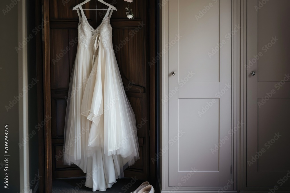 Wedding dress hanging in a wooden wardrobe next to white doors. Wedding dress hanging in a wooden wardrobe next to white doors.