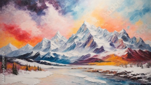 Snow-capped mountains, with oil brush stroke and pallet knife paint on canvas