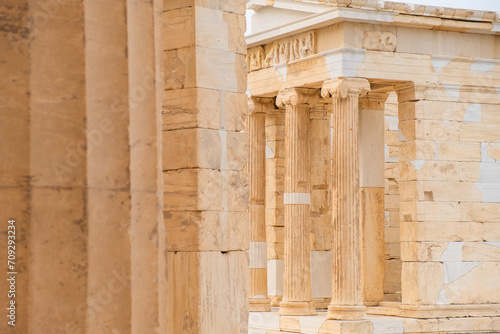 Temple of Athena Nike with columns on the Acropolis in Athens, Greece. Fully Ionic temple on the Acropolis. Popular travel destination