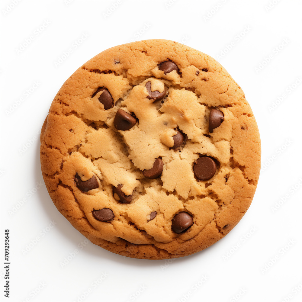 Top view of chocolate chip cookie on white background.