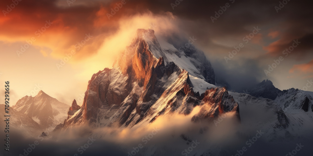 A snowy mountain peak at sunset, a serene alpine landscape with a breathtaking winter panorama.