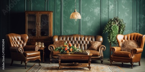Vintage furniture in living room interior with an old-fashioned style.