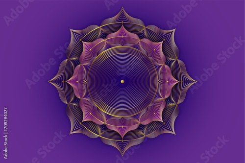 Gold lotus flower, spiritual mandala, Sacred Geometry. Bright golden lotus symbol of harmony and balance, seventh chakra. Mystical talisman, luxury round vector isolated on purple background 