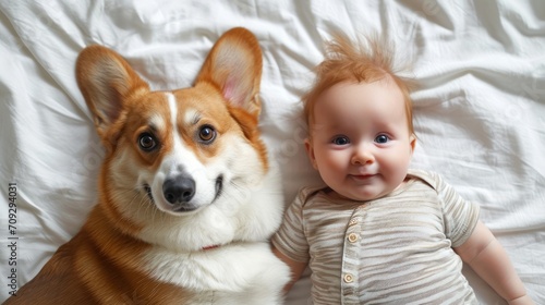 An infant and ginger corgi pembroke laying on a white sheet and looking at the camera, top view
