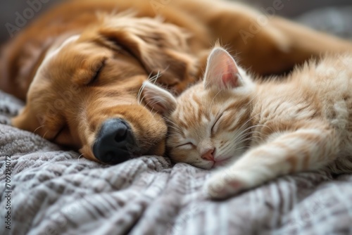 Cat and dog sleeping together