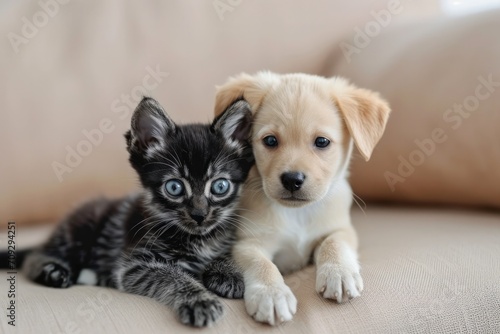 Kitten and puppy sitting together on the sofa in the light room on the beige textile sofa, looking at the camera
