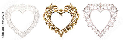 Vintage heart shaped frame, set of beautiful frames Isolated cutout on transparent background.