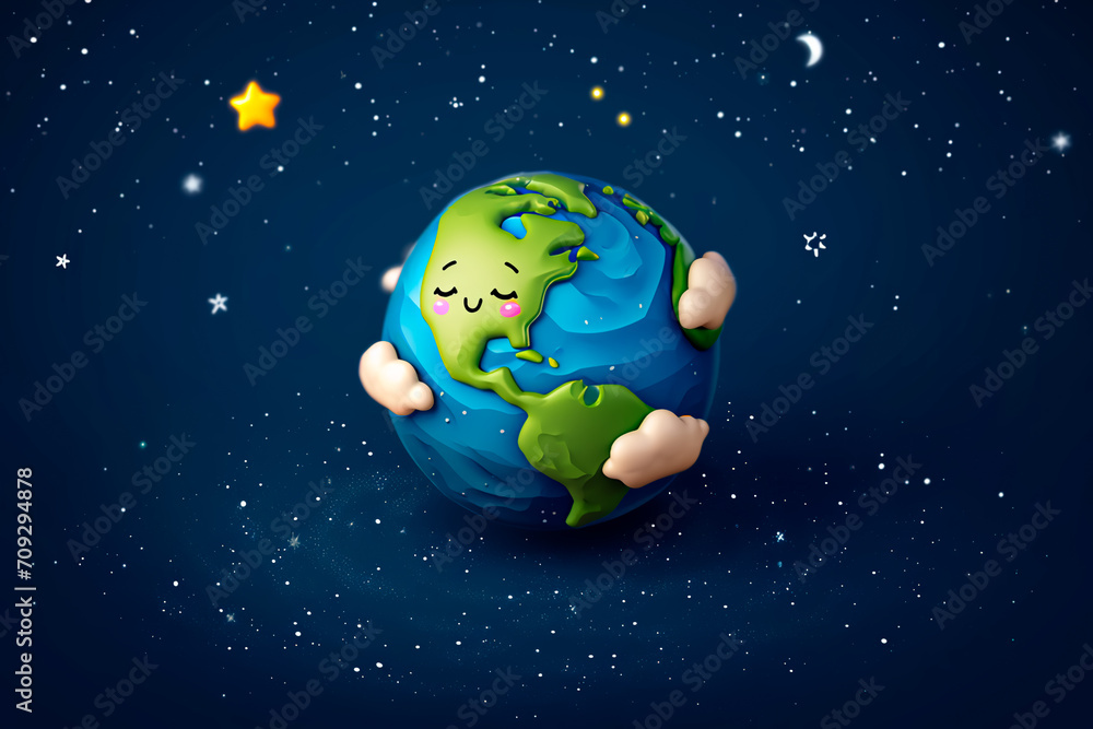 Adorable Earth kawaii character in a 3D style on a dark blue starry background. Adorable Earth kawaii character in a 3D style on a dark blue starry background.