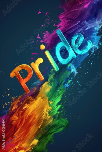 Pride lettering on a brightly colored rainbow spectrum flag background.