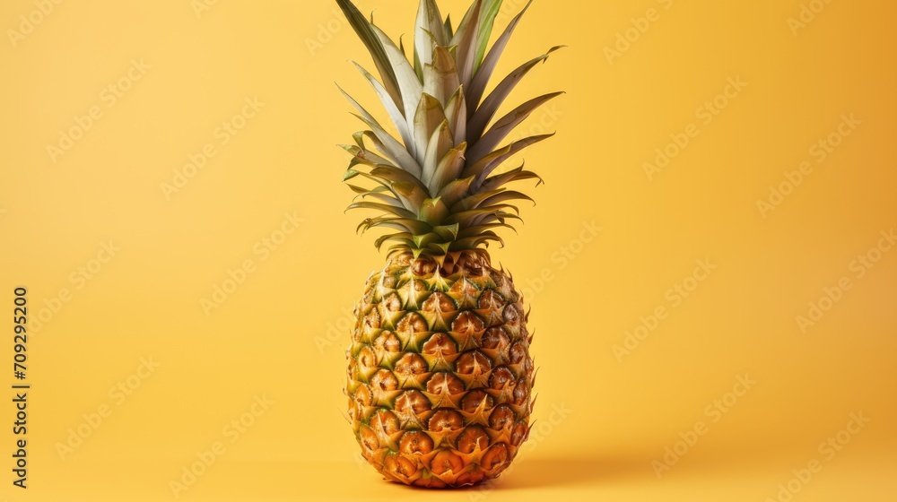 A large pineapple on a plain yellow background. Ripe fruit. The concept of rest and summer. A large pineapple on a plain yellow background. Ripe fruit. The concept of rest and summer.