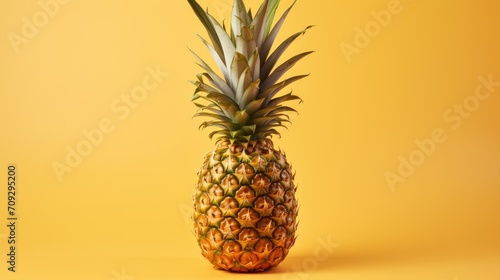 A large pineapple on a plain yellow background. Ripe fruit. The concept of rest and summer.