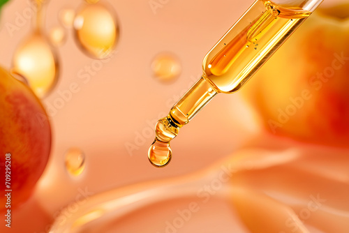 Macro shot of a long pipette dropper pouring golden serum in a flat lay, creating a cosmetic advertisement, against a background with a peach fuzz wet texture.