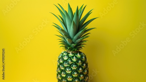 A large pineapple on a plain yellow background. Ripe fruit. The concept of rest and summer. photo