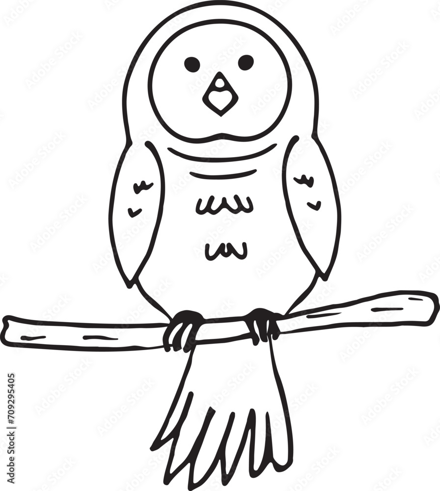 Obraz premium Owl sitting on a branch, illustration in doodle style
