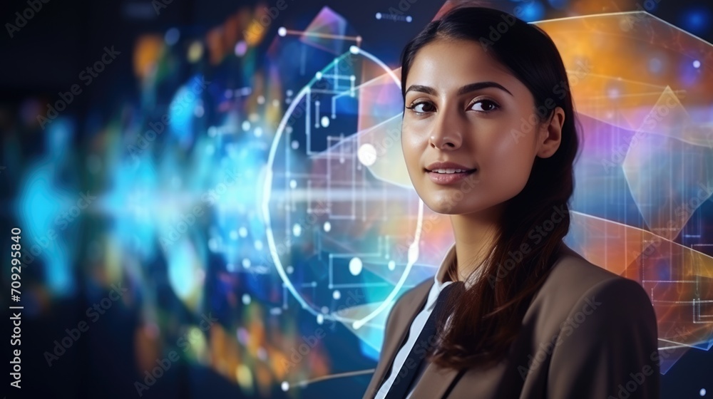 Fototapeta premium Woman business leader portrait in office background. Happy International Woman’s Day concept. Caucasian successful confident professional businesswoman in suit. Copy space.