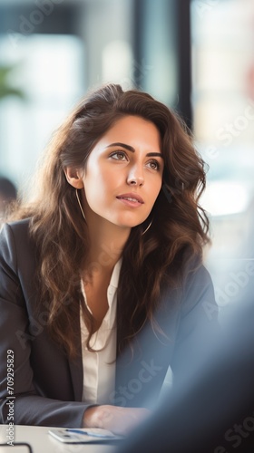 Woman business leader portrait in office background. Happy International Woman’s Day concept. Caucasian successful confident professional businesswoman in suit. Copy space.