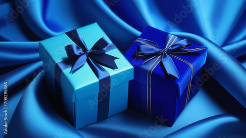 Blue gift on satin textile background.