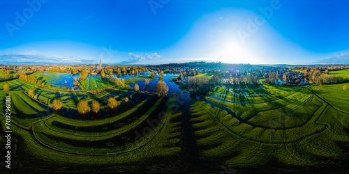 Aerial panoramic 360 VR shot of flooded fields and irrigated meadows, Salisbury, UK