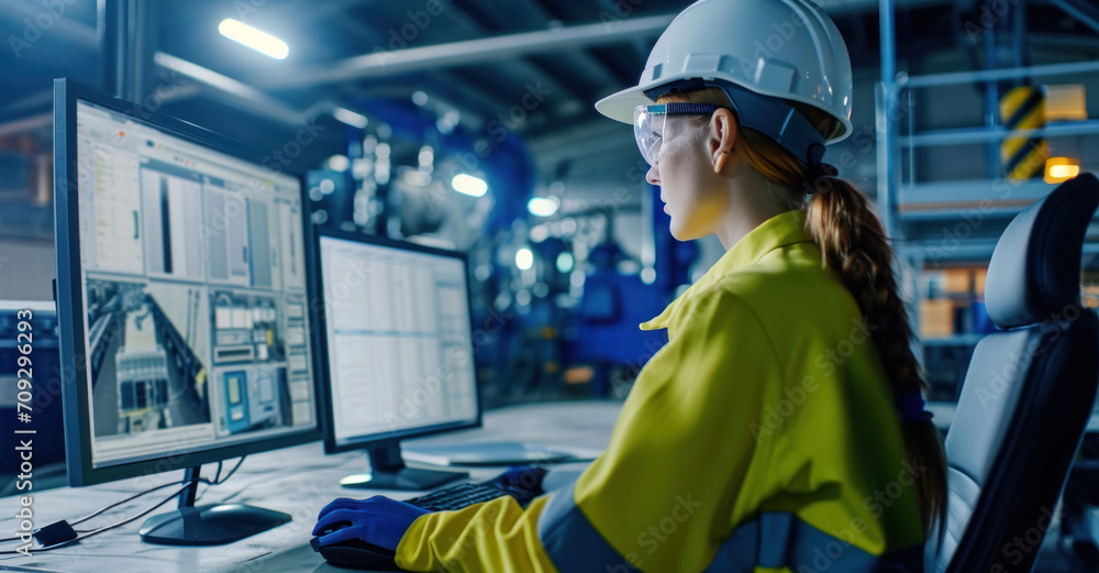 A focused female engineer monitors complex machinery systems, embodying expertise in a high-tech industrial setting A focused female engineer monitors complex machinery systems, embodying expertise in a high-tech industrial setting