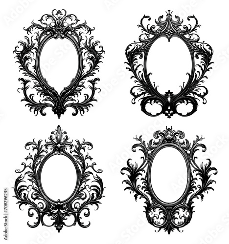 Antique engraving frames. Ornate palace interior borders for chandelier mirror and portrait collection, vintage picture frame set black silhouettes on white