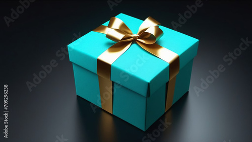 Turquoise gift with gold ribbon on a black background.