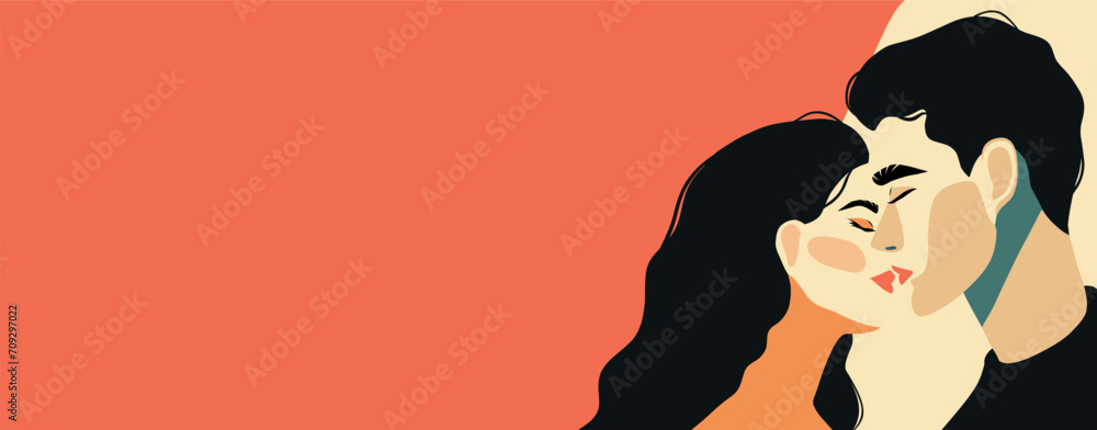 Postcard banner flat place for text romantic concept man and woman on coral orange background. Couple in love. Two lovers hug. Trendy illustration style minimalism holiday February 14, Valentine's Day