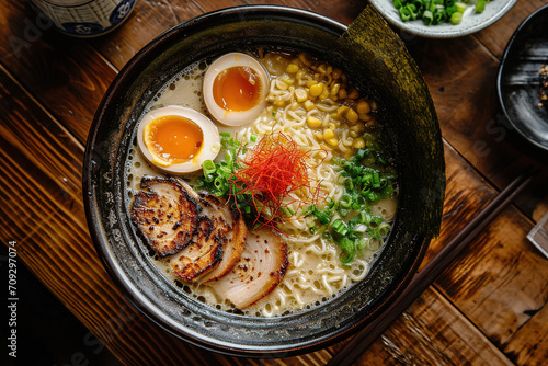 Miso Ramen Asian noodles with egg, enoki and pak choi cabbage in bowl on wooden background