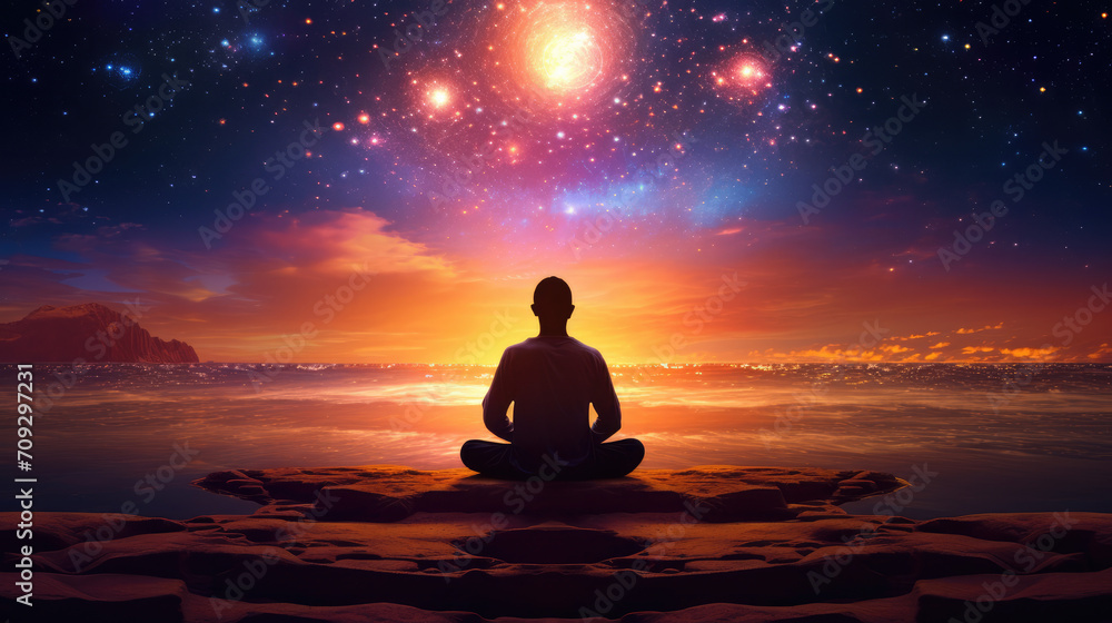 Silhouette of a person meditating on the beach, watching the sea at night with a colorful glowing galaxy in the sky