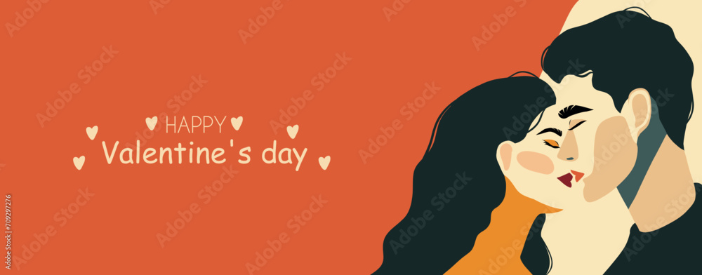 Postcard banner flat place for text romantic concept man and woman. Couple in love. Two lovers hug. Trendy illustration style minimalism holiday February 14, Valentine's Day
