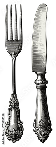 Fork and knife vintage etching. Ornate details silverware retro drawn, antique engraved dinner dishware, cutlery engraving