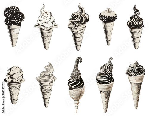 Ice cream cone etching set. Vintage ice-cream engraving, milk wafer chocolate engraved frozen desserts isolated objects