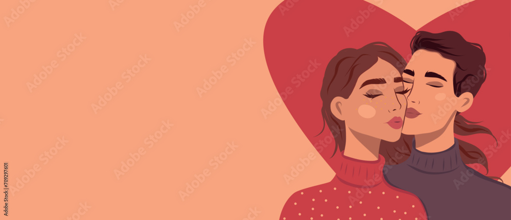 Postcard banner flat style place for text romantic concept man and woman. Couple in love. Two lovers hug. Vector trend illustration of the holiday February 14, Valentine's Day Postcard banner flat style place for text romantic concept man and woman. Couple in love. Two lovers hug. Vector trend illustration of the holiday February 14, Valentine's Day