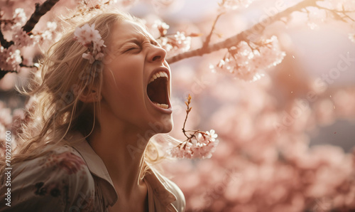 Pretty young woman sneezing beside blooming tree because of allergy on pollen. AI photo
