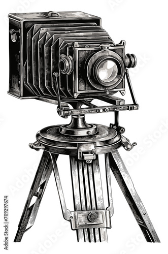 Old photo camera with tripod black etching. Ancient photo camera engraving on white background vector illustrator, engraved vintage photographic instrument